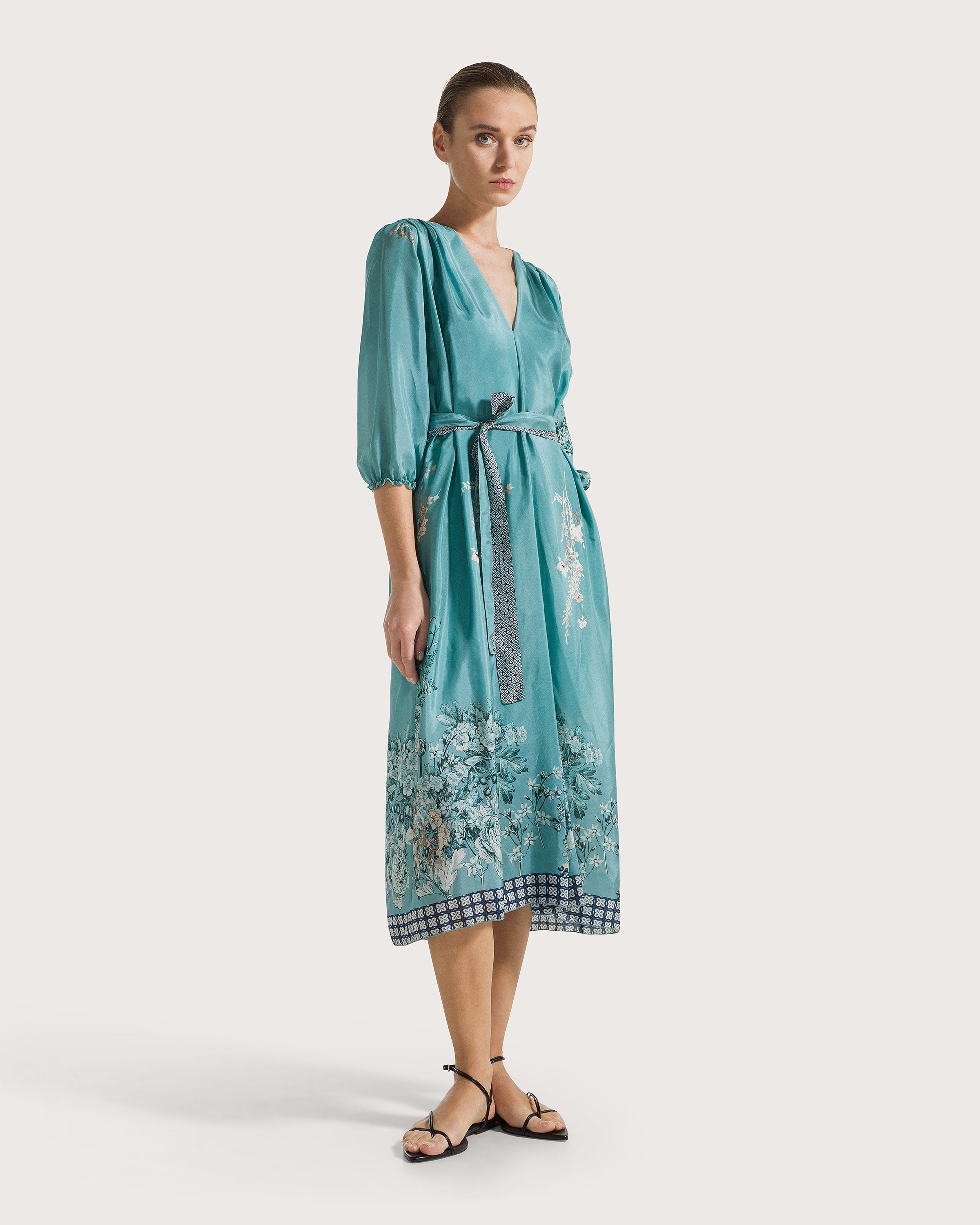 silk tea dress midi Mac Duggal Women's High Neck Long Sleeve Crystal Detail Dress - Green - Size 4