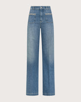 Jeans lunghi a vita alta in denim blu stretch con tasche accessorio pietre -  | Seventy Venezia