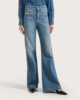 Jeans lunghi a vita alta in denim blu stretch con tasche accessorio pietre -  | Seventy Venezia