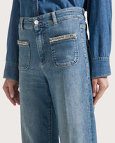 Jeans lunghi a vita alta in denim blu stretch con tasche accessorio pietre -  | Seventy Venezia